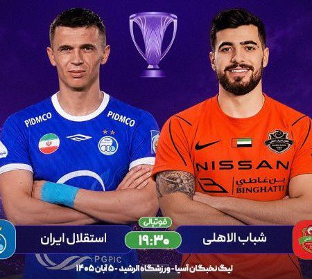 تصویر دو بازیکن از دو تیم استقلال و شباب الاهلی همراه با زمان برگزاری مسابقه مرتبط با تقابل این دو تیم در مسابقه لیگ نخبگان آسیا